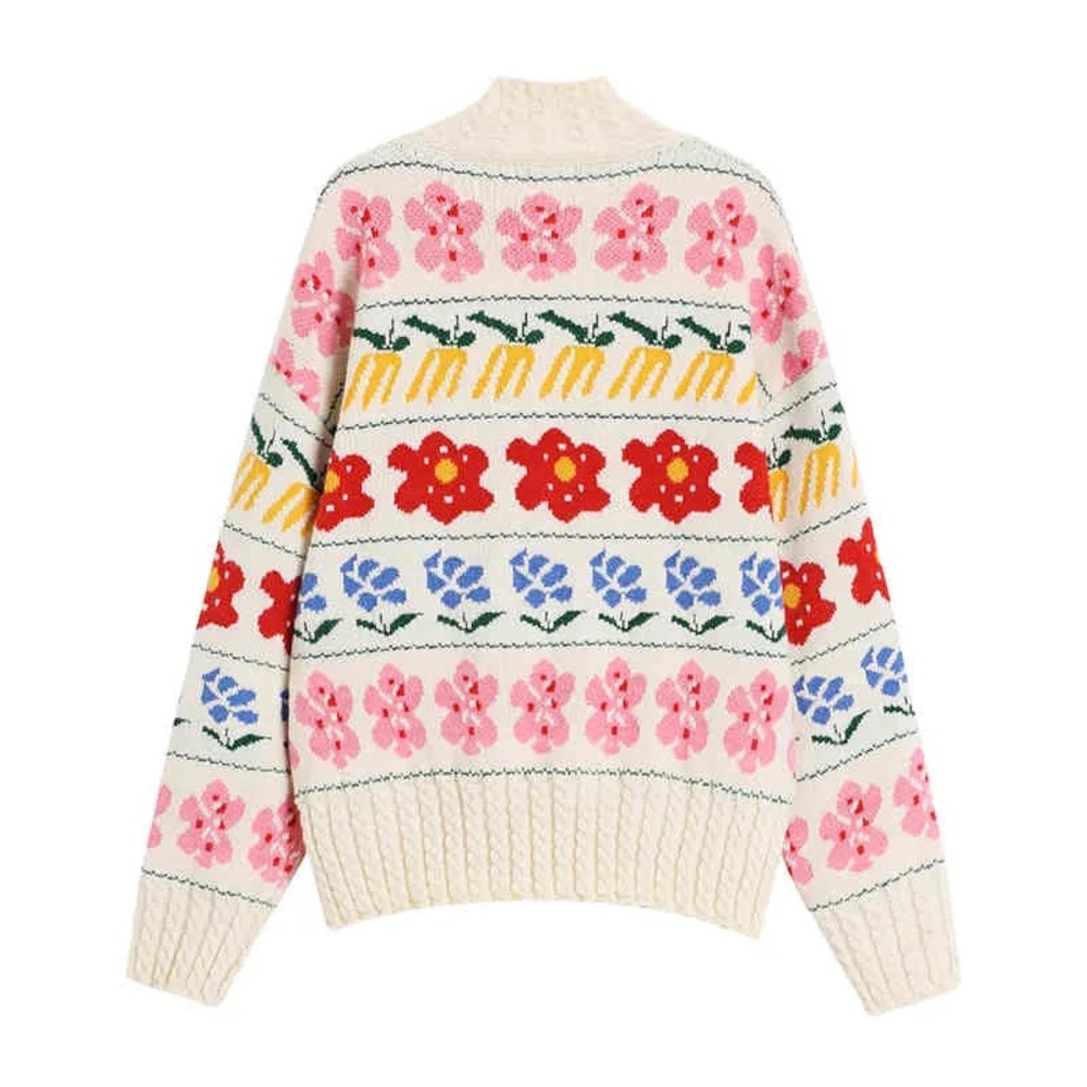 Polagram Floral Knit Sweater Stand Collar Elegant Sweet Pullover - Picture 17 of 17